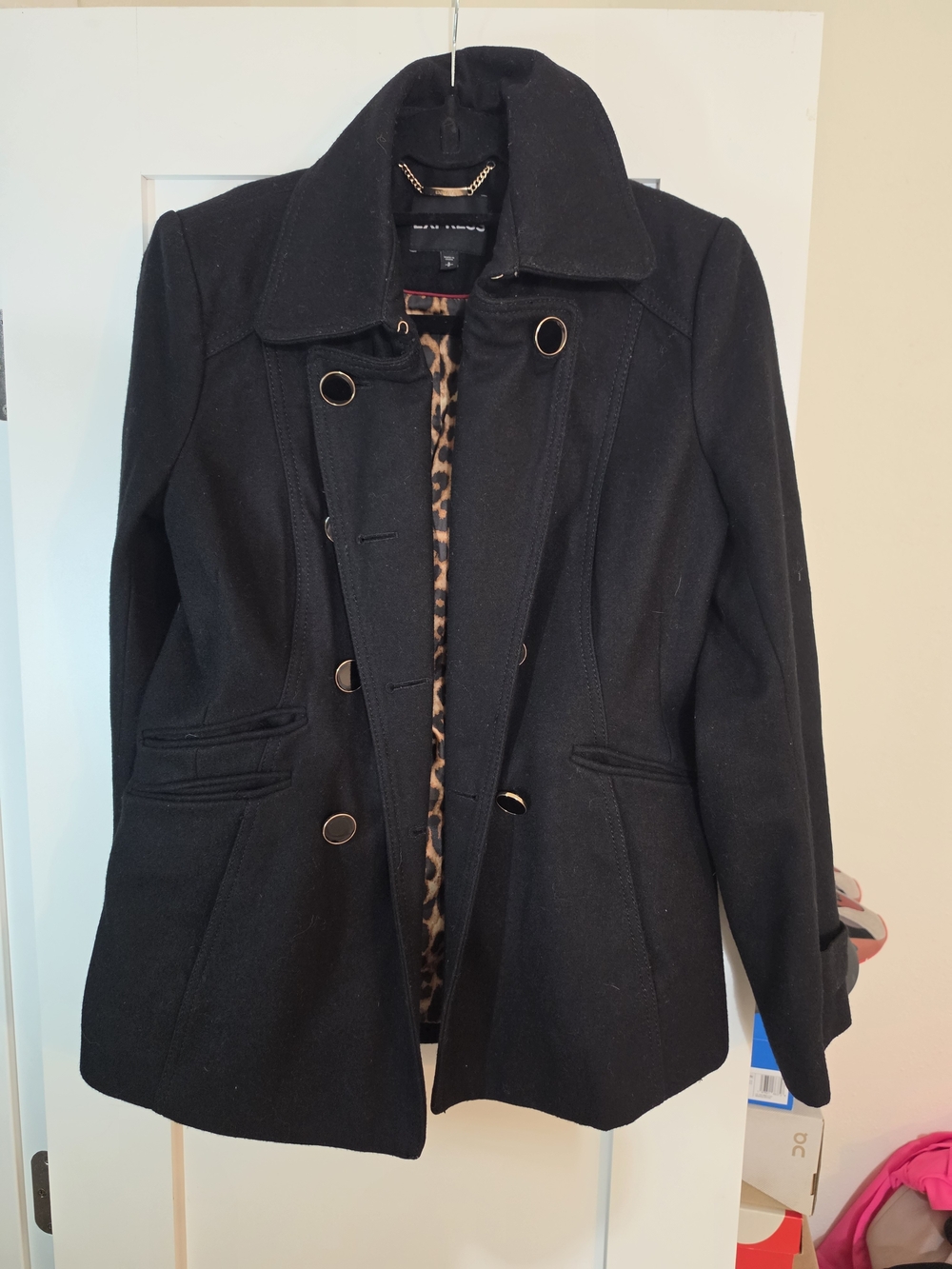 Express Black Double-Breasted Pea Coat with Leopard Lining